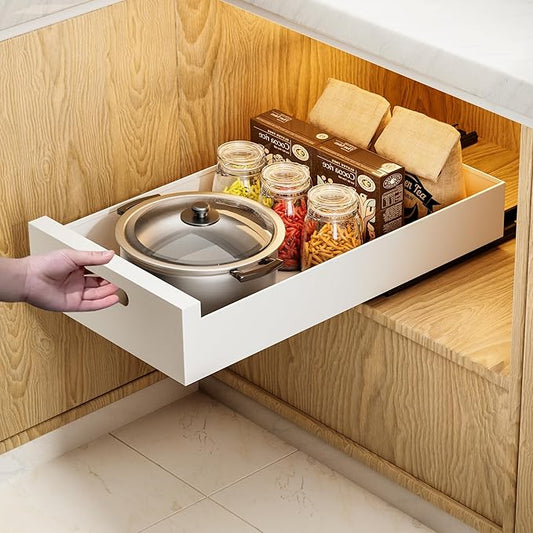 HBL' 1 Pack | 21" Deep Pull Out Cabinet Organizer Adhesive, 12-Inch Wide Sturdy Carbon Steel Roll-Out Drawers for Face Frame or Frameless Cabinets,Slide-Out Shelves for Pantry.