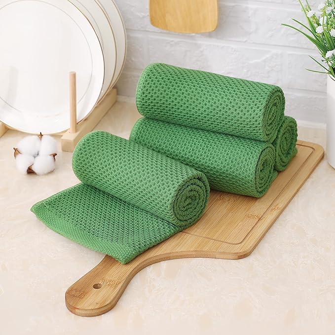 Kitinjoy 100% Cotton Waffle Weave Kitchen Hand Towels (13 X 28 Inches, Grass Green), 8-Pack Super Soft and Absorbent Dish Towel for Drying Dishes