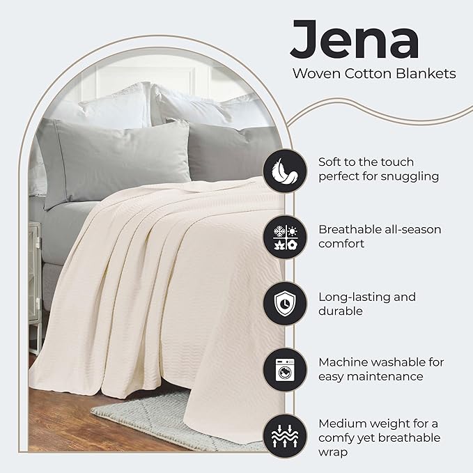 Superior JENA Cotton Blanket, for Picnic, Beach, Traveling or Camping, Bedroom Decor, Essentials, Cover for Bed, Couch, Lounging, Textured Jacquard, Modern Chevron Woven Blanket, Twin, Ivory