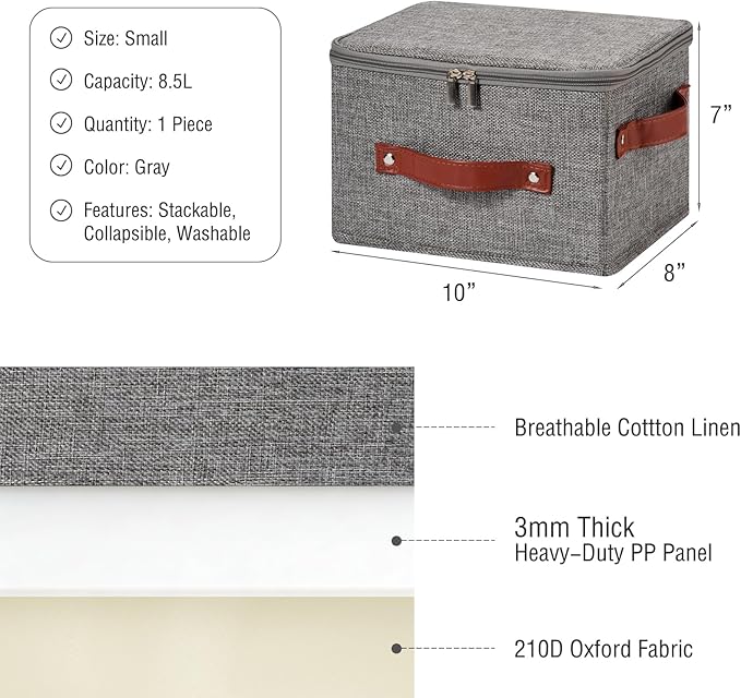 Storage Bin Box with Zippered Lid Cotton Linen Fabric Decorative Basket with PU Leather Handles PP Plastic Board Foldable Lidded Clothing Shelf Closet Organizer Container (Gray, Small)