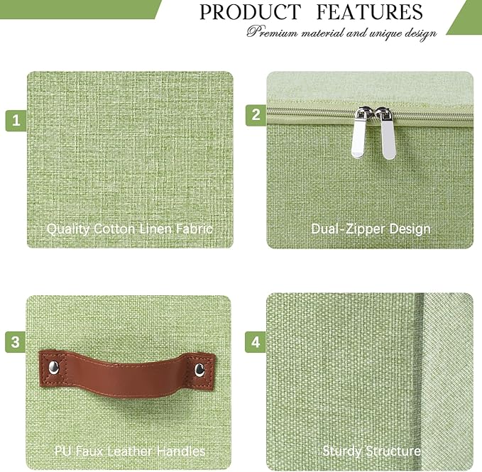 Storage Bins with Zipper Lid Foldable Fabric Lidded Storage Boxes Baskets Cubes Washable Collapsible PU Leather Handle Cotton Linen Fabric Shelf Closet Organizer Container(Green, Small Size)