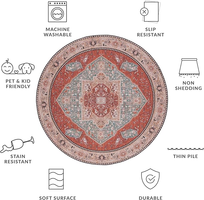 SAFAVIEH Washable Rug Tucson Collection - 6' Round, Aqua & Rust, Slip Resistant & Easy to Clean, Ideal for Living Room, Bedroom, Dining Space (TSN150J)