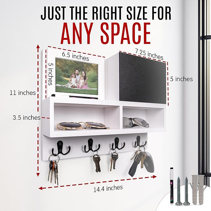 Spacelog Key and Mail Holder for Wall with Chalkboard – Magnetic Picture Frame Key Holder Wall Mount, White, Dual Storage & Cupboards