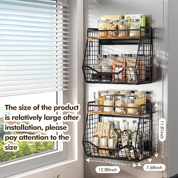 Strong Magnetic Shelf for Fridge 2-in-1 Magnetic Spice Rack for Refrigerator with Wood Top, Extra-Wide Heavy Duty Rust-Proof Fridge Organizer Basket for Potato Onion Fruit Kitchen Pantry Storage-2pcs