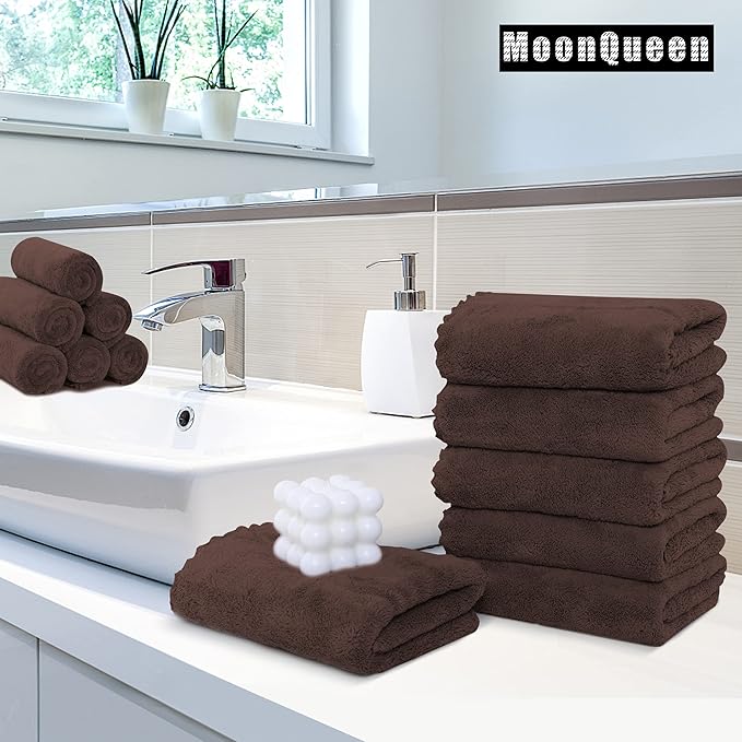 6 Pack Premium Hand Towels - Quick Drying - Microfiber Coral Velvet Highly Absorbent Towels - Multipurpose Use as Hotel, Bathroom, Shower, Spa, Hand Towel 16 x 28 inches (Wood Brown)