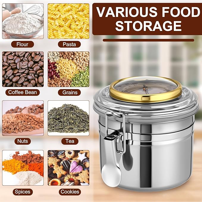 3 Pcs 17 oz Stainless Steel Container with Hygrometer & Humidifier Kitchen Food Storage Jar with Sealed Lid Airtight Coffee Canister for Coffee Bean, Tea, Candy, Snacks, Cereal Storage