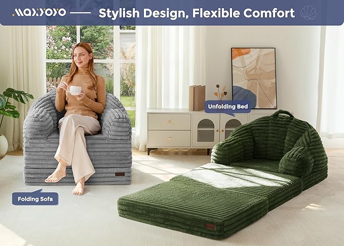 MAXYOYO Folding Sofa Bed, 2 in 1 Convertible Sofa to Lounger Comfy Faux Fur Bean Bag Chair for Adults, Floor Single Sleeper Couch Chair with Handle, Couch Bed for Living Room Bedroom, Dark Green