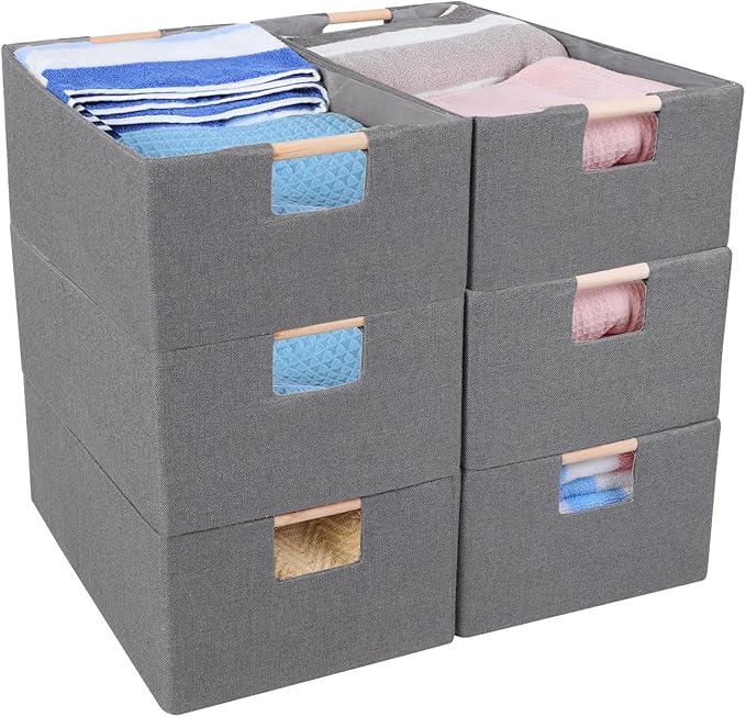 ANMINY 6PCS Storage Baskets for Organizing Collapsible Fabric Storage Bins Boxes with Wood Handles Closet Shelves Cube Organizer Bins Clothes Laundry Storage Container - Medium, Gray