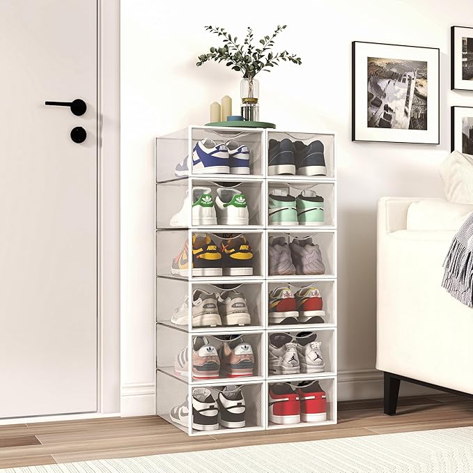 Seseno 12 Pack Shoe Storage Bins, Clear Plastic Stackable Shoe Organizer for Closet, Space Saving Foldable Shoe Rack, Shoe Box Sneaker Holder Container