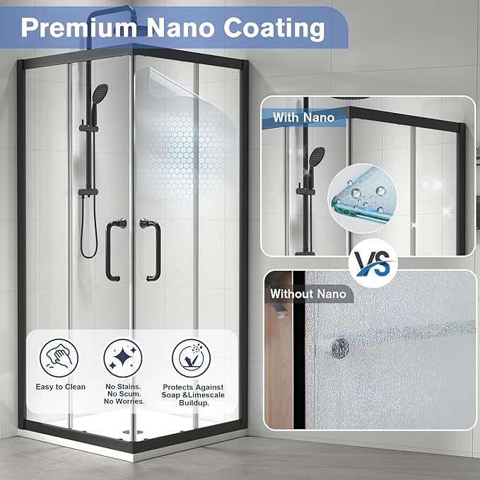 Corner Shower Enclosure 36" W x 36" W x 72" H in Matte Black, Double Sliding Corner Shower Door with Nano Explosion-Proof Film, 1/4" (6mm) Tempered Glass (Shower Base Not Included)