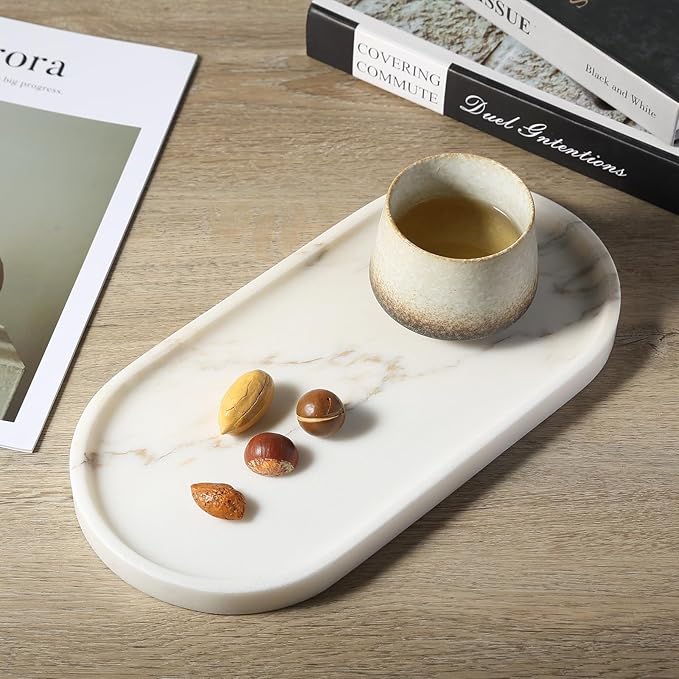 White Marble Tray with Gold Pattern - Decorative Stone Tray for Bathroom & Vanity