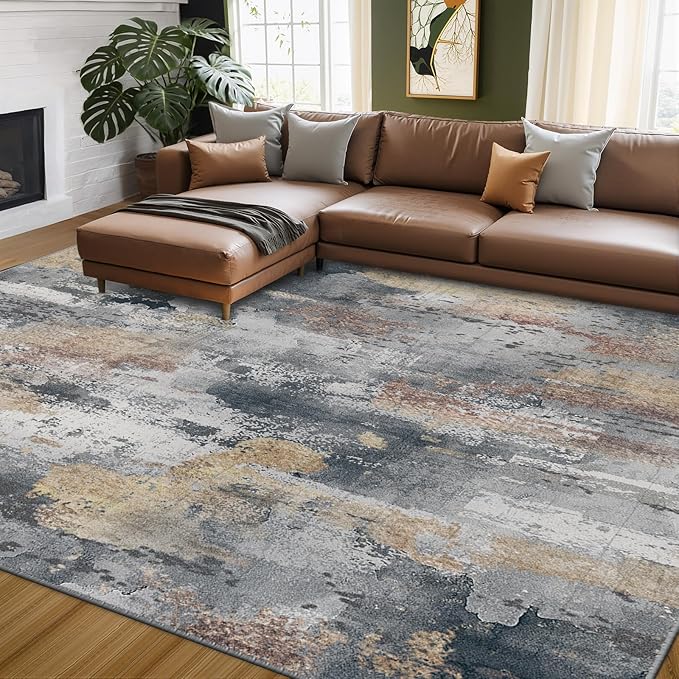Washable Area Rugs 9'x12' Non-Slip Modern Abstract Soft for Living Room Entryway Bedroom Nursery, Print Pattern, Charcoal Brown