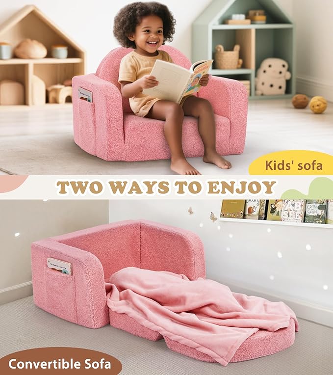 Kids Couch, 2-in-1 Soft Toddler Couch Fold Out with Blanket, Comfy Toddler Chair, Convertible Sofa, Gifts for Kids Girl Boys, Medium Pink Rainbow