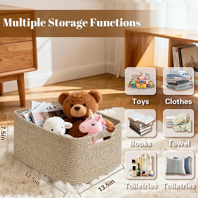4 Pack Large Storage Basket for Organizing, 17.5"x13"x7" Woven Basket for Shelves, Closet Cube Storage Bins with Wrapped Handle, Cotton Rope Baskets for Kitchen, Clothes, Toys(Natural))