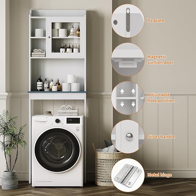 GarveeHome Over The Toilet Storage Cabinet with Adjustable Shelves and Glass Door,Tall Bathroom Organizer Space Saver Over Toilet,Wood Rack for Bathroom, Restroom, Laundry