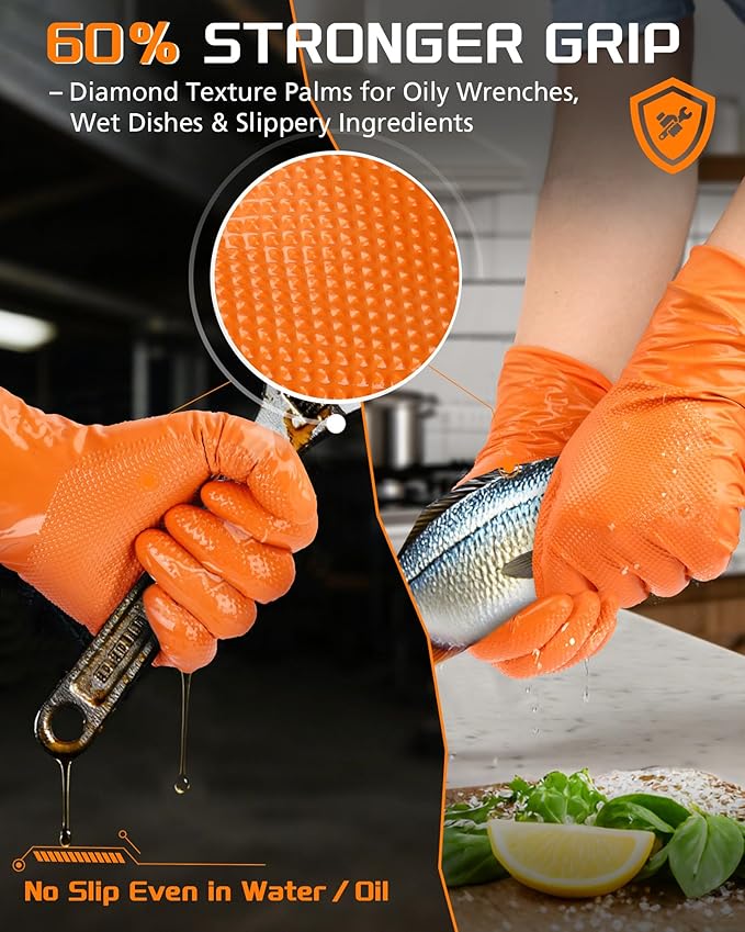 nitroshield 9mil Heavy Duty Disposable Nitrile Gloves,Orange Medium 800Pcs -Chemical Resistant, Latex & Powder Free Rubber Gloves Diamond Texture for Automotive, Mechanics, Cooking,BBQ, Industrial Use