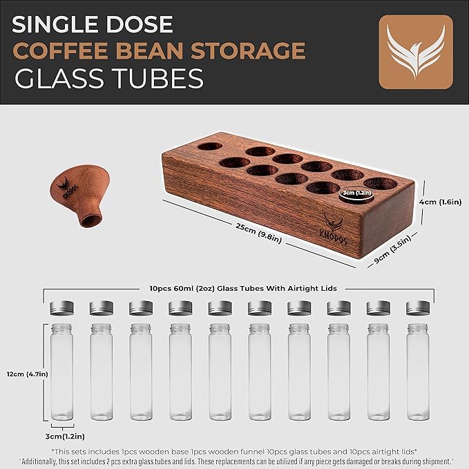 Coffee Storage and Dosing Cup Set - Single Dose Glass Tubes with Wooden Stand, Walnut Dosing Tray, and RDT Spray Bottle - Premium Coffee Preparation Set