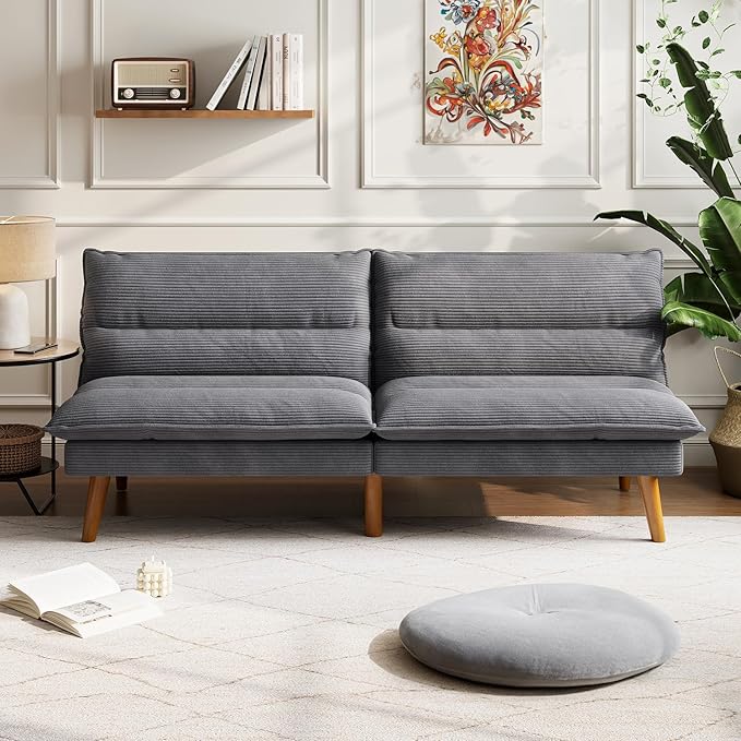 LINSY HOME Futon Sofa Bed - Convertible Corduroy Futon Couch Bed with Adjustable Backrest, Modern Small Loveseat Sleeper Sofa for Small Spaces, Living Room, Apartment or Office (Grey)