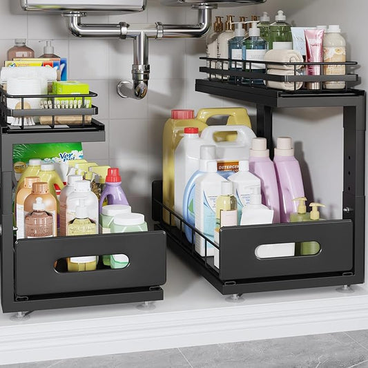 Under Sink Organizer Upgrade To Professional Rails,2-Tier Dual Pull Out Cabinet Storage,Height Adjustable Slide Out Drawers For Bathroom Kitchen,2 Pack-16.7"Dx12.8"-16.9"H,Black