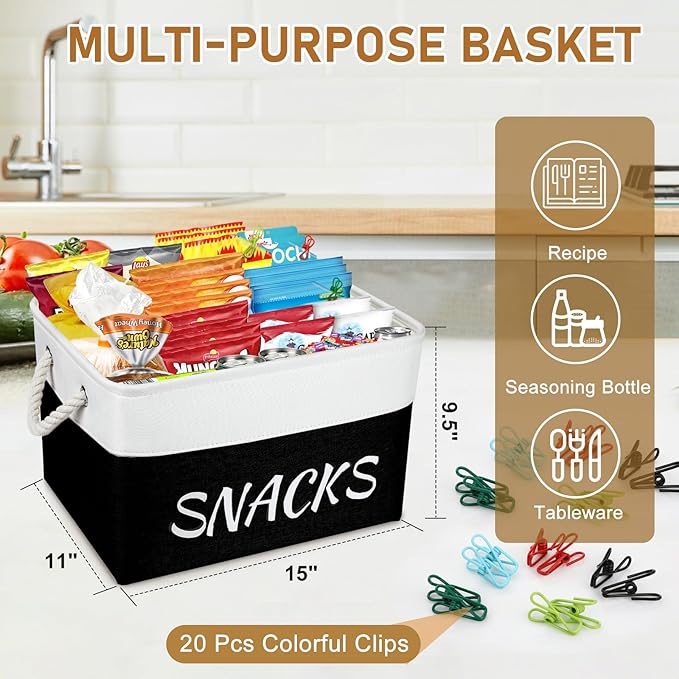 Snack Organizer for Pantry, Decorative Snack Basket with 10pcs Chip Clips, Snack Organizer for Desktop, Collapsible Snack Storage Basket Pantry Shelf, Office, Kitchen and More (Black, Medium-2 Pack)