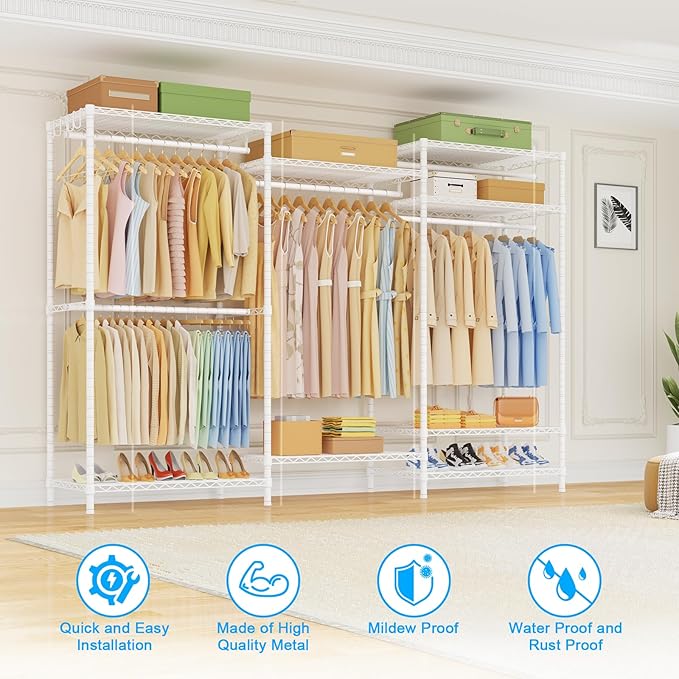 Ulif E13 Pro Heavy Duty Clothes Rack（With 4 Hanger Rods & 8 Shelves） Freestanding Clothing Racks for Hanging Clothes，Adjustable Closet，Metal Garment Rack 75" W x16 D x77 H，Max Load 1000LBS，White