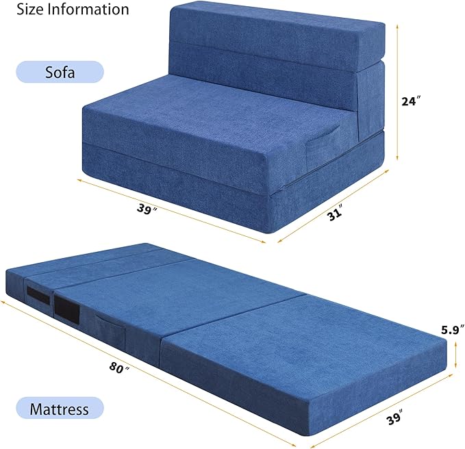 Folding Sofa Bed Chair with Pillow,Convertible Fold Out Chair Bed Sleeper,Foam Floor Mattress, Foldable Futon Couch Bed for Living Room/Dorm/Guest/Office (Blue, Twin XL)