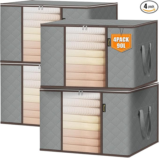 BALEINE 4 Pack Clothes Storage Bags, 24 Gallon Storage Containers with Reinforced Handle, Sturdy Zipper, Closet Organizer for Blanket, Comforter, Pillow, Bedding (Grey, 4 Pack)