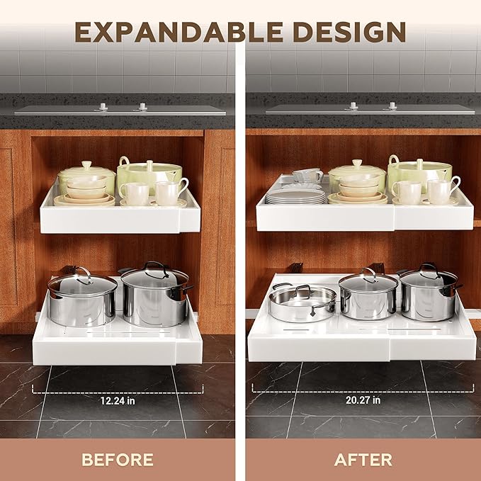 2Pack Expandable Pull Out Cabinet Organizer 21" Deep with Raising Pad for Framed Cabinets, Roll Out Shelves Adhesive, Adjustable Width 12.24"-20.5" W