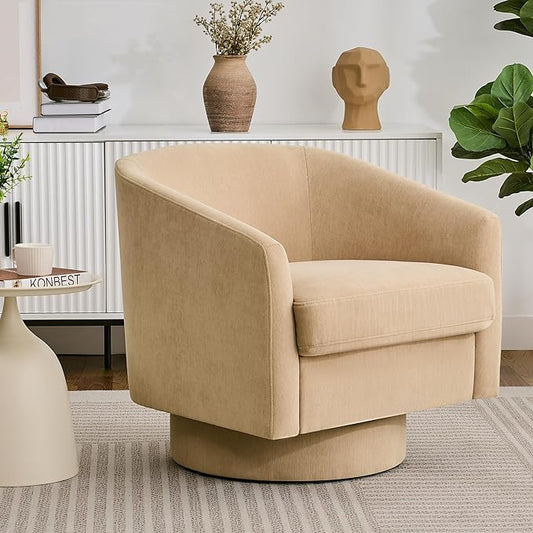 Swivel Barrel Accent Chair, Round Chenille Fabric Living Room Arm Chairs, Modern Upholstered Comfty Reading Nook Chairs for Bedroom, Small Club Armchair, Single Sofa Side Chair, Coffee