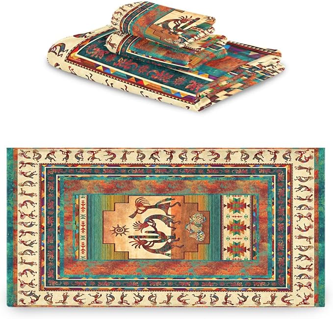 Kokopelli Bath Towels Set,Absorbent Soft 3 Piece Southwest Native American Ethnic Tribal Towels for Bathroom,1 Bath Towel 1 Hand Towel 1 Washcloth,Decoractive Guest Bathroom Towels,Brown