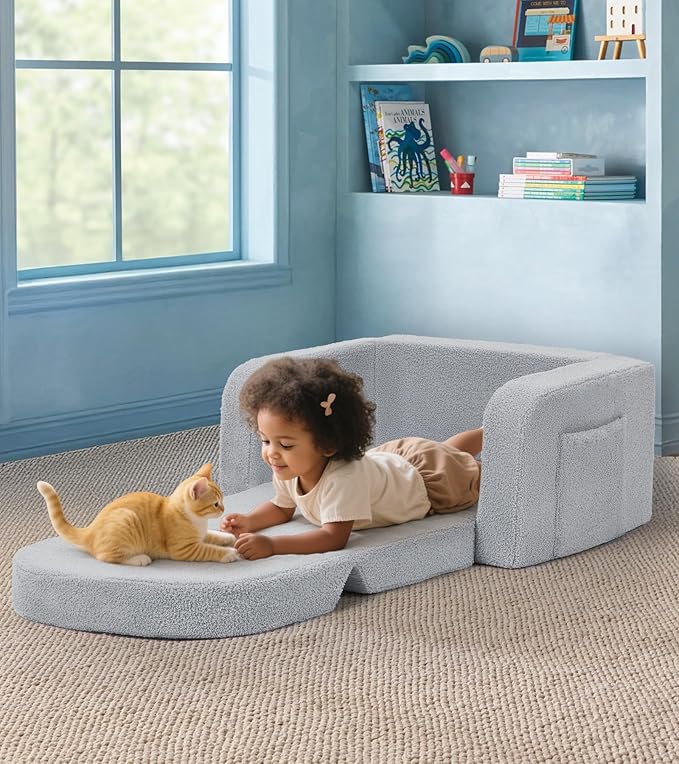 Kids Couch, 2-in-1 Soft Toddler Couch Fold Out with Blanket, Comfy Toddler Chair, Convertible Sofa, Gifts for Kids Girl Boys, Medium Blue Rainbow
