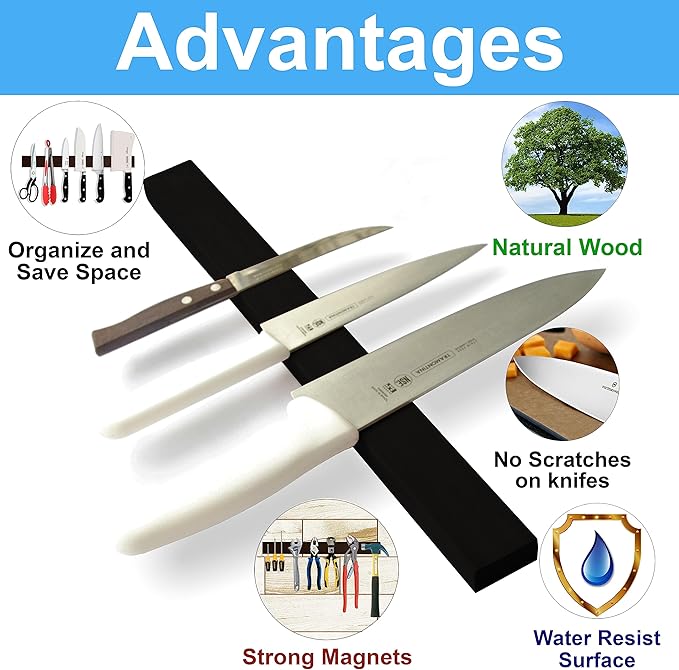 12 Inch Black Magnetic Knife Holder for Wall No Drilling Use as Magnetic Knife Strip - Magnetic Knife Bar - Wall Kitchen Knife Magnetic Holder