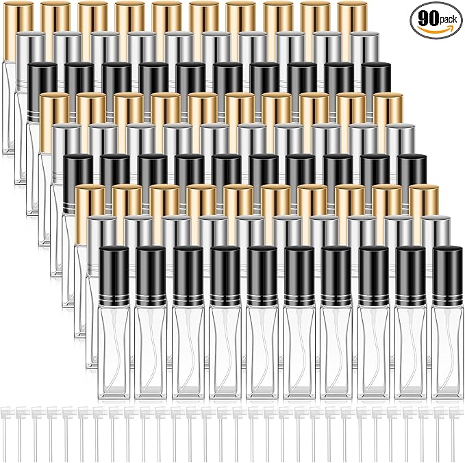 Domensi 90 Pcs 8 ml Empty Glass Perfume Bottles Bulk - Gold,Silver,Black Refillable Cologne Spray Atomizer with Pump, for Travel, Skincare, Haircare, Cleaning & DIY Essentials