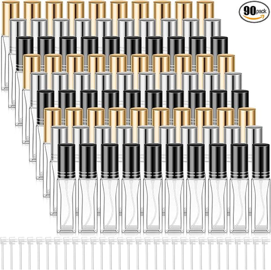 Domensi 90 Pcs 8 ml Empty Glass Perfume Bottles Bulk - Gold,Silver,Black Refillable Cologne Spray Atomizer with Pump, for Travel, Skincare, Haircare, Cleaning & DIY Essentials