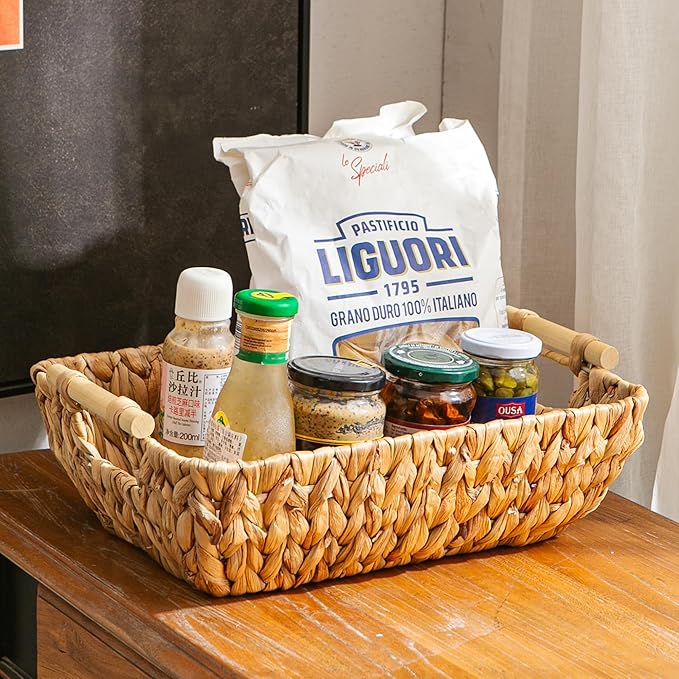 Woven Storage Baskets – Set of 2 Handwoven Water Hyacinth Wicker Baskets with Wooden Handles for Organizing, Decorative Baskets for Laundry Room, Home Decor - 2 Medium