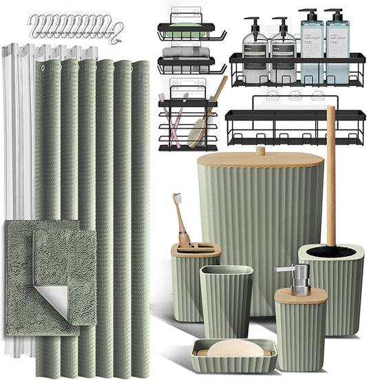 Clara Clark Bathroom Accessories Set - 27PC Bathroom Set with Adhesive Corner Shower Caddy Hanging, Bathroom Sets with Shower Curtain and Rugs, Sage Green Shower Curtain Set with Bathroom Trash Can