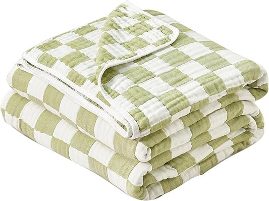 Ultra Soft Cozy 6-Layer Muslin 100% Cotton Checkered King Size 90"x104" Bed Blanket Breathable Lightweight Checkboard Bed Blankets Decorative for Sofa Bed All Seasons Both Sides Green