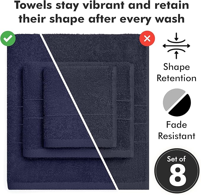 Bath Towels Set of 8 – 100% Cotton (Navy Blue) Bathroom Towel Set Bale Includes 2 Bath, 2 Hand, 4 Face Towels – Soft, Absorbent & Quick Dry Towel for Bathroom, Spa, Kitchen, Hotel Use