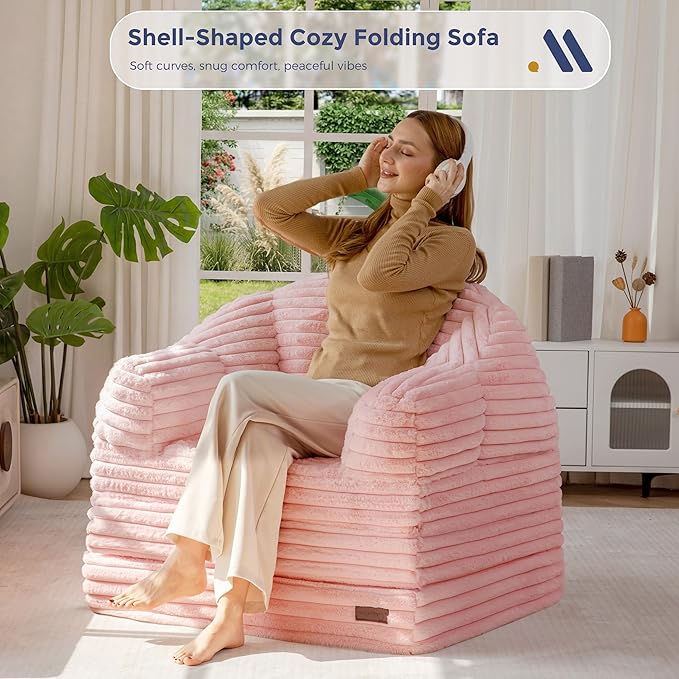 MAXYOYO Folding Sofa Bed, 2 in 1 Convertible Sofa to Lounger Comfy Faux Fur Bean Bag Chair for Adults, Floor Single Sleeper Couch Chair with Handle, Couch Bed for Living Room Bedroom, Pink