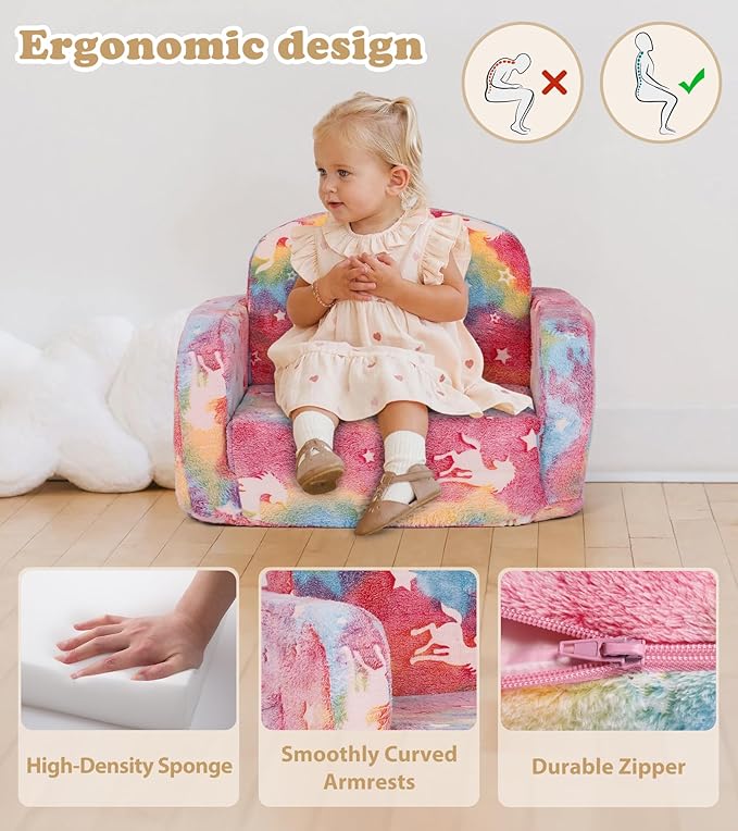 Kids Couch, 2-in-1 Soft Toddler Couch Fold Out with Blanket and Cloud Pillow, Glow in The Dark, Toddler Chair Comfy, Convertible Sofa, Gifts for Kids Girl Boys, Medium Pink Unicorn