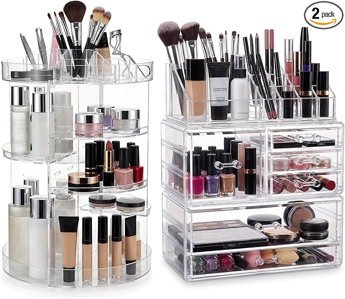 Acrylic Makeup Organizer Set, 360 Rotating Makeup Organizer, Clear Drawer Vanity & Countertop Cosmetic Storage for Brushes, Jewelry, for Vanity, Bathroom, Bedroom, Closet