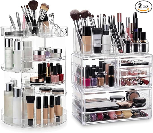 Acrylic Makeup Organizer Set, 360 Rotating Makeup Organizer, Clear Drawer Vanity & Countertop Cosmetic Storage for Brushes, Jewelry, for Vanity, Bathroom, Bedroom, Closet
