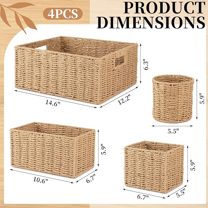 OIAHOMY Wicker Baskets for Organizing, Large and Small Shelf Baskets Set, Handwoven Bins for Storage,Paper Rope Home Organizers, Set of 4-Yellow