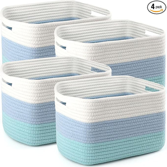 4 Pack Storage Baskets for Organizing, 12''Lx10''Wx8''H Woven Baskets for Storage Toys, Towels, Books, and Clothes, Cotton Rope Basket for Shelves with Handle (White & Blue)