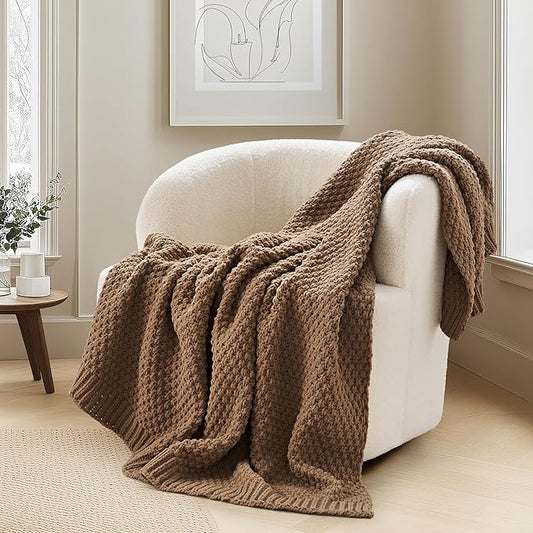 EVERGRACEHOME Chunky Chenille Knit Throw Blanket for Couch, Soft Luxurious Moss Stitch Blankets for Bed, Cozy Decorative Farmhouse Knitted Throws for Sofa, Camel Brown, 50" x 60"