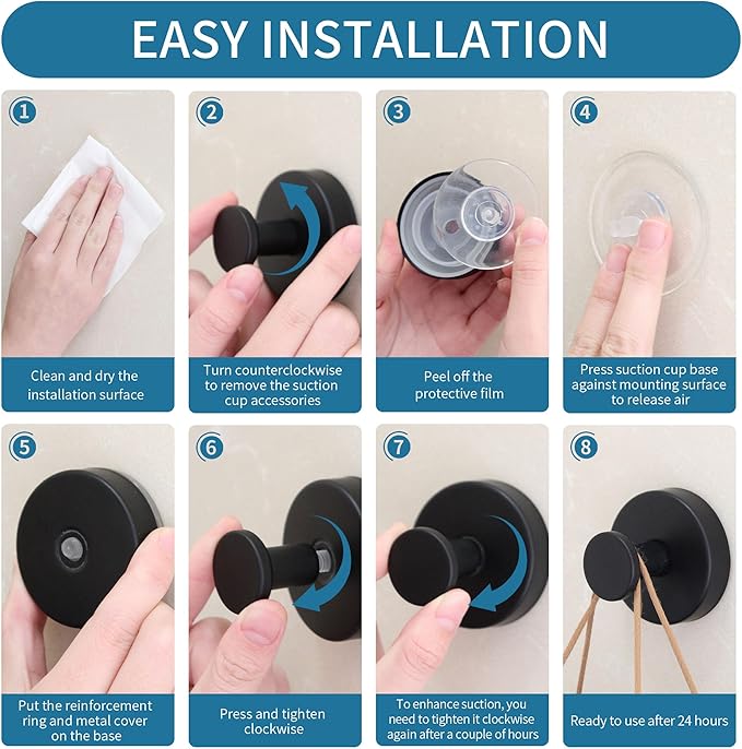 Deluwire Suction Cup Hooks for Shower,4 Packs Wall Mount Towel Holder,Removable Shower Towel Suction Hooks for Bathroom Wall,Kitchen,Glass,Mirror,Tile to Hang Robes,Loofah-Black