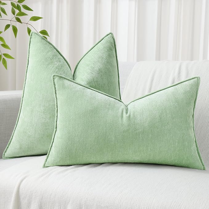 decorUhome Spring Couch Throw Pillow Covers 20x20 Set of 2, Decorative Soft Velvet Modern Cozy Chenille Pillow Cases with Elegant Design for Sofa Bed Living Room Home Decor, Sage Green