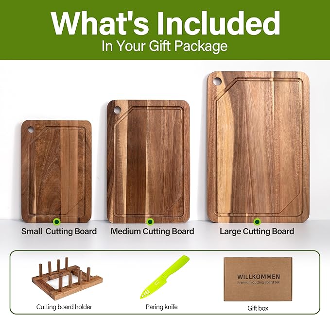 WILLKOMMEN Acacia Wood Cutting Board for Kitchen, 3-Piece Chopping Boards Set with Stand, Juice Groove, Handles & Hanging Holes, Butcher Block for Meat, Vegetables (Small, Medium, Large)