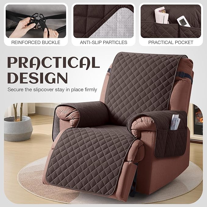 KinCam 100% Waterproof Recliner Chair Cover, Reclining Couch Covers for Pets, Dogs, Recliner Couch Slipcover Furniture Protector with Elastic Straps for Kids(30", Chocolate)