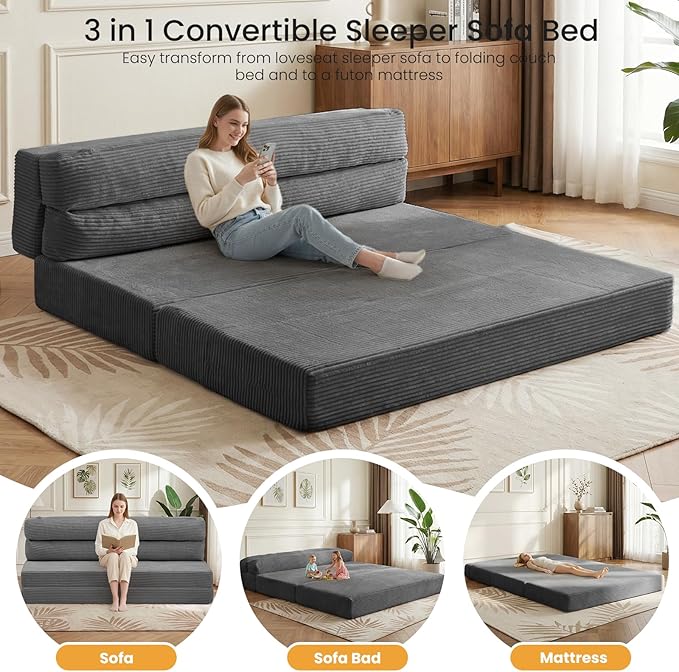Convertible Sofa Bed with Metal Frame, Boneless Loveseat Sleeper Sofa Futon Sofa Bed Foldable Full Size Mattress for Living Room, Guest Room